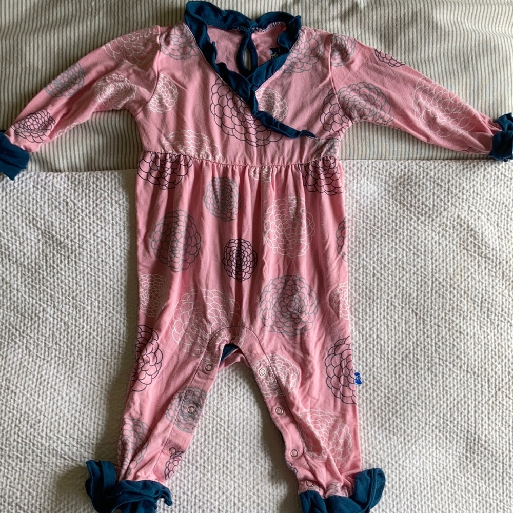 Kickee pants romper with ruffle trim